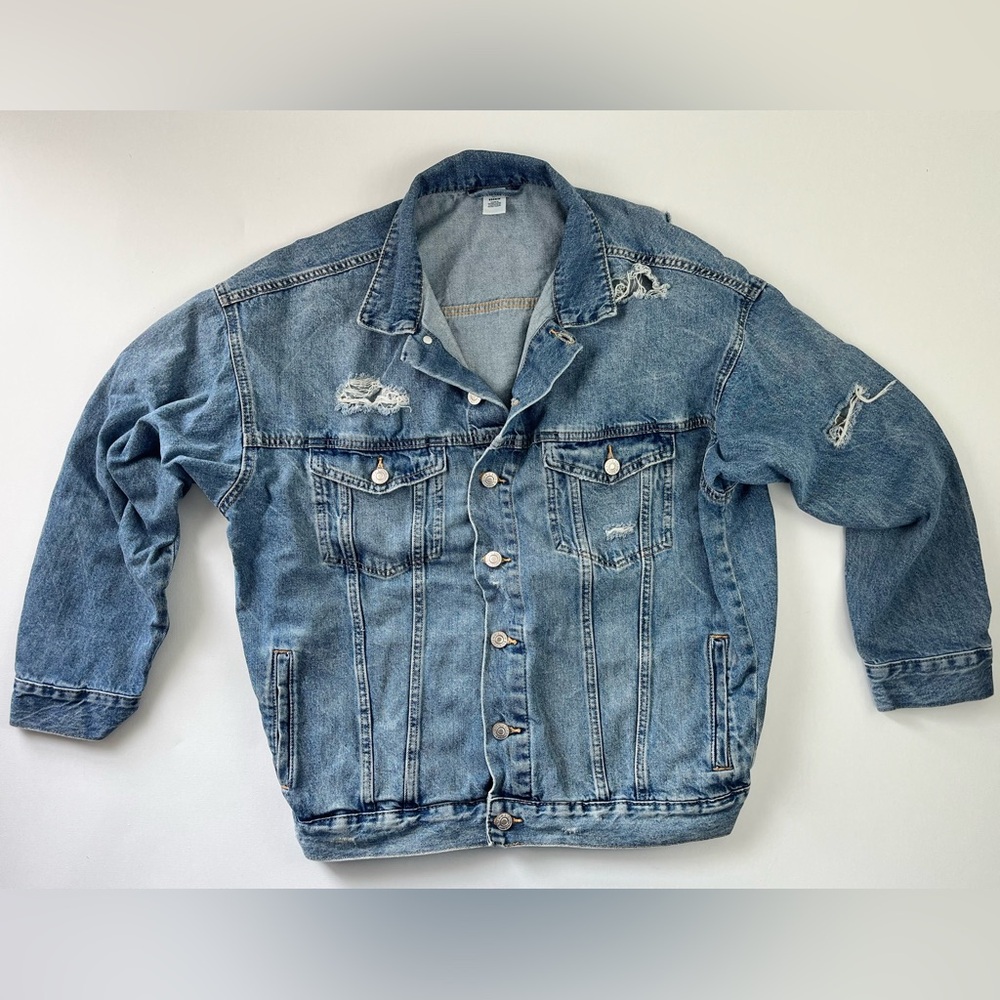 Denim & Denim Distressed Jean Jacket Size S Medium Wash 100% Cotton